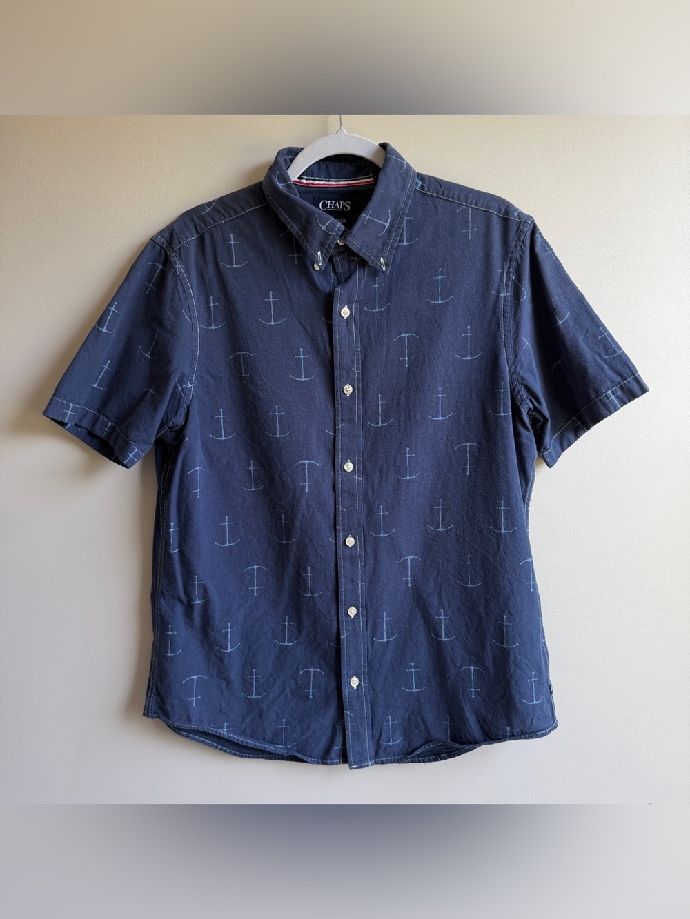 CHAPS Men's Navy Anchor Short-Sleeve Button-Down Shirt Size Medium
